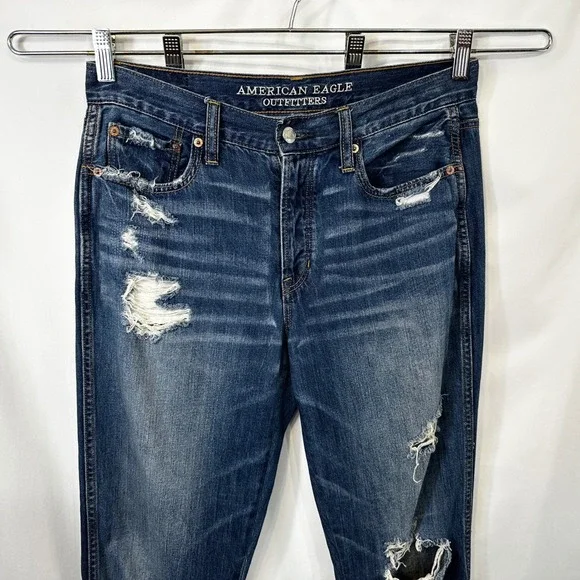 American Eagle Outfitters Size 8 Jeans Long Distressed High Rise Flare Blue 763 - Picture 3 of 11